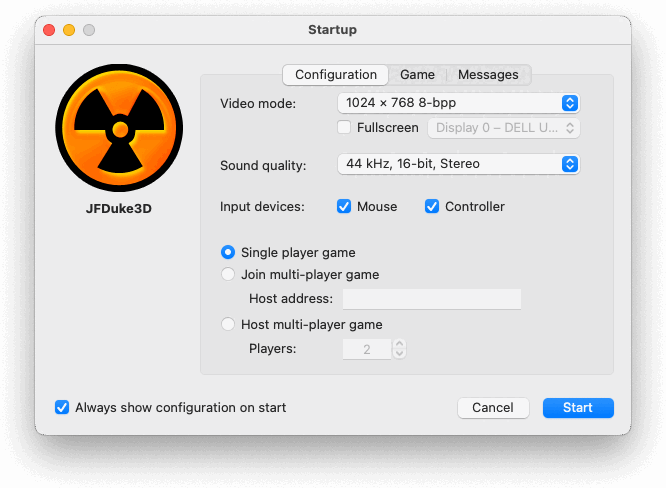 Startup window showing the Configuration tab