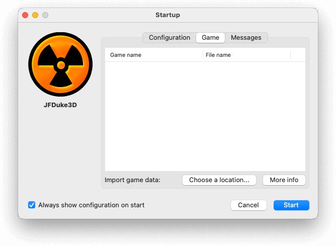 Startup window showing the Game tab