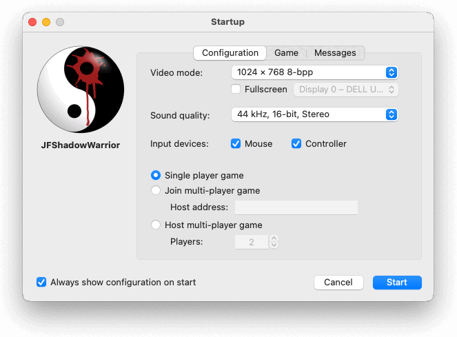 Startup window showing the Configuration tab