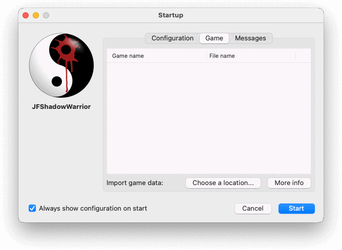 Startup window showing the Game tab